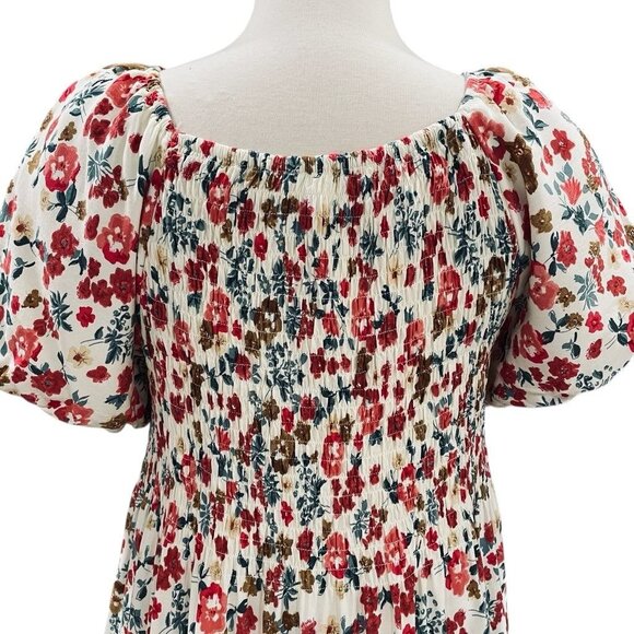 Alluv Place Floral Puff Sleeve Cottagecore Midi Dress Smocked Bodice Festival - Picture 11 of 12